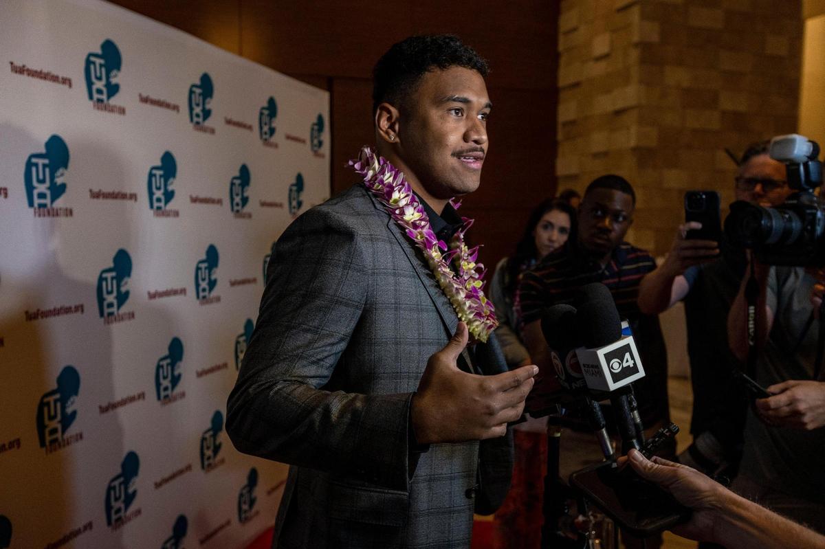 Hollywood, FL - April 10, 2023 - Tua Tagovailoa speaks to reporters at the Second Annual Luau with Tua at the Hard Rock Hotel benefitting the Tua Foundation