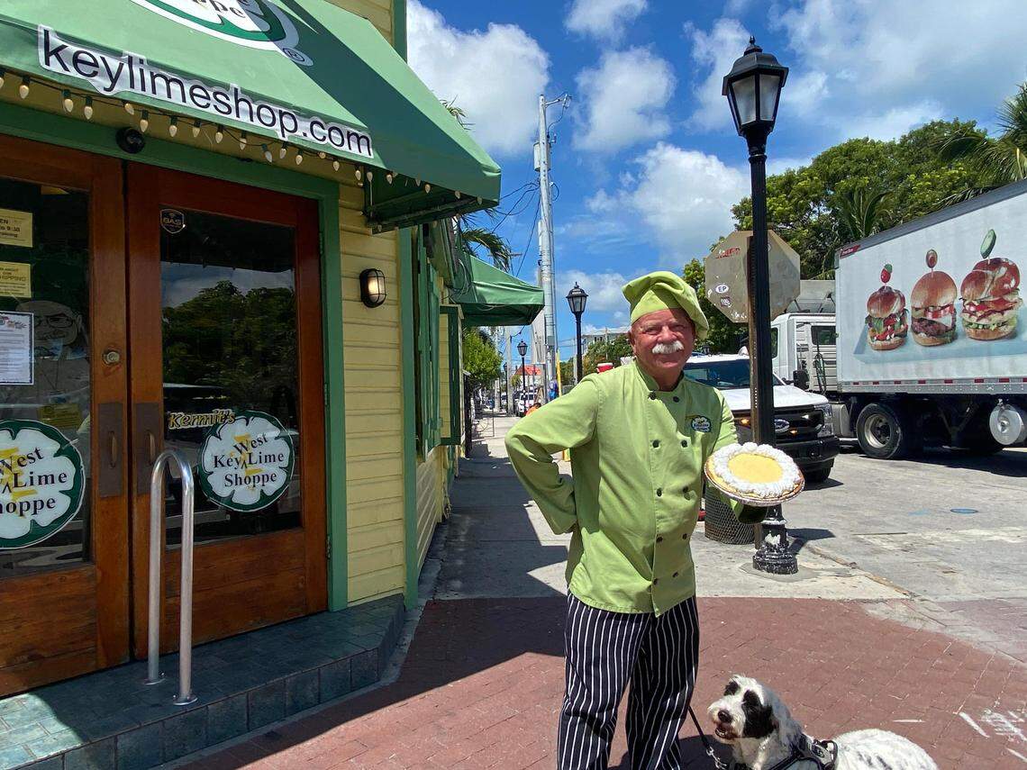 Kermit Carpenter hawks his Key lime pies outside his shop in downtown Key West on July 6, 2022, which the city of Key West declared as “Kermit Carpenter Day.”