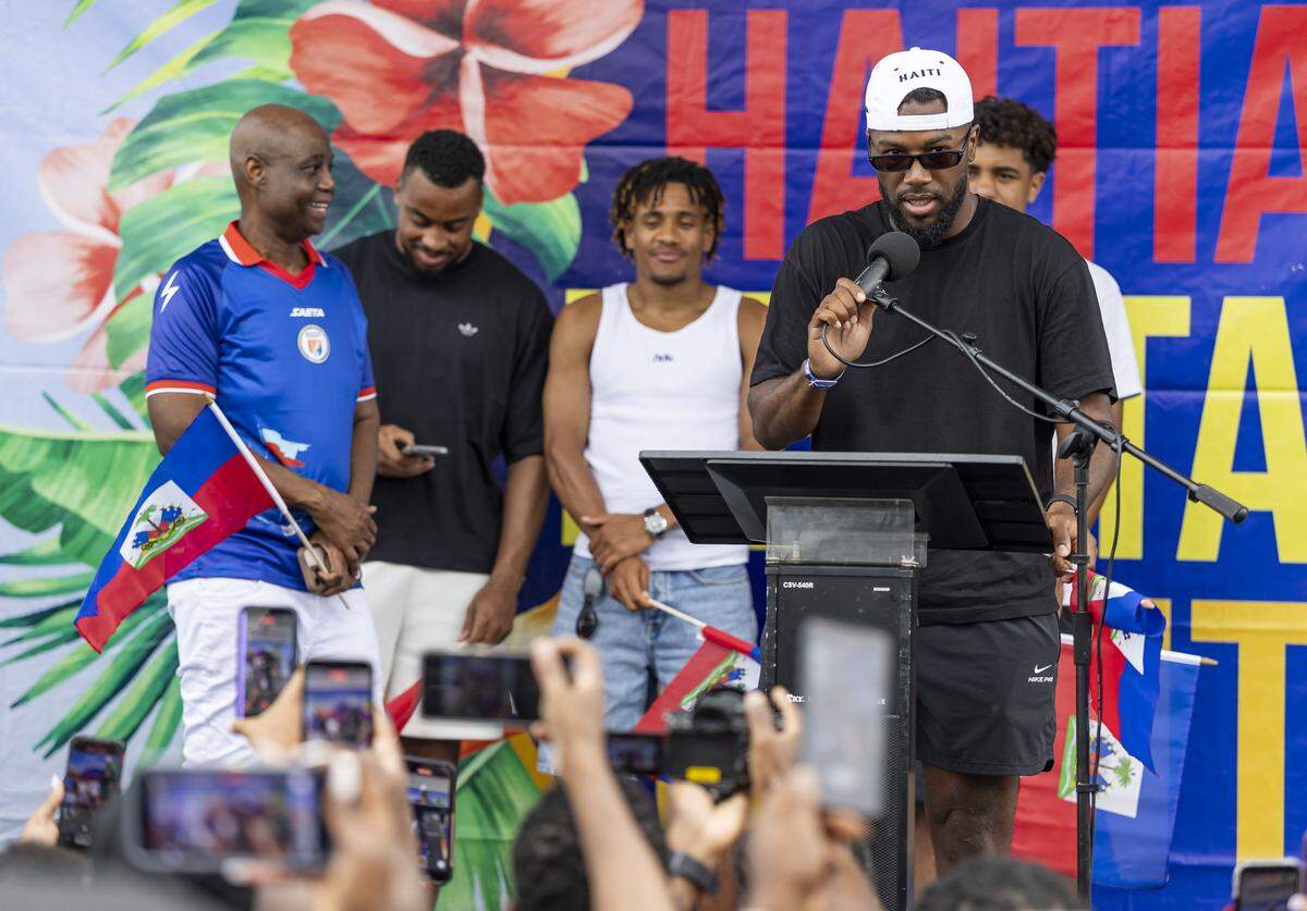 Haiti forward Duckens Nazon speaks during a meet-and-greet with fans.