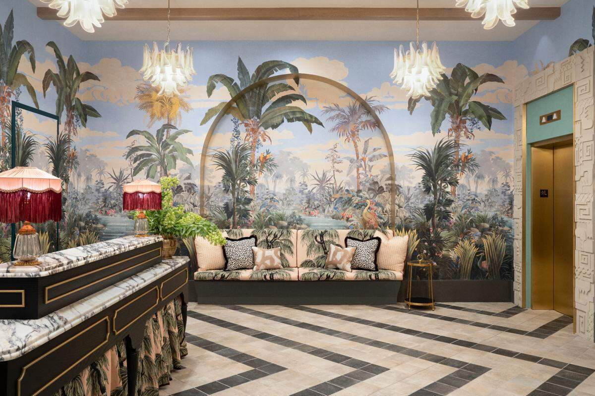 Bold wallpaper and gold accents at the Goodtime Hotel in South Beach recall nostalgia for Miami’s vibrant days.