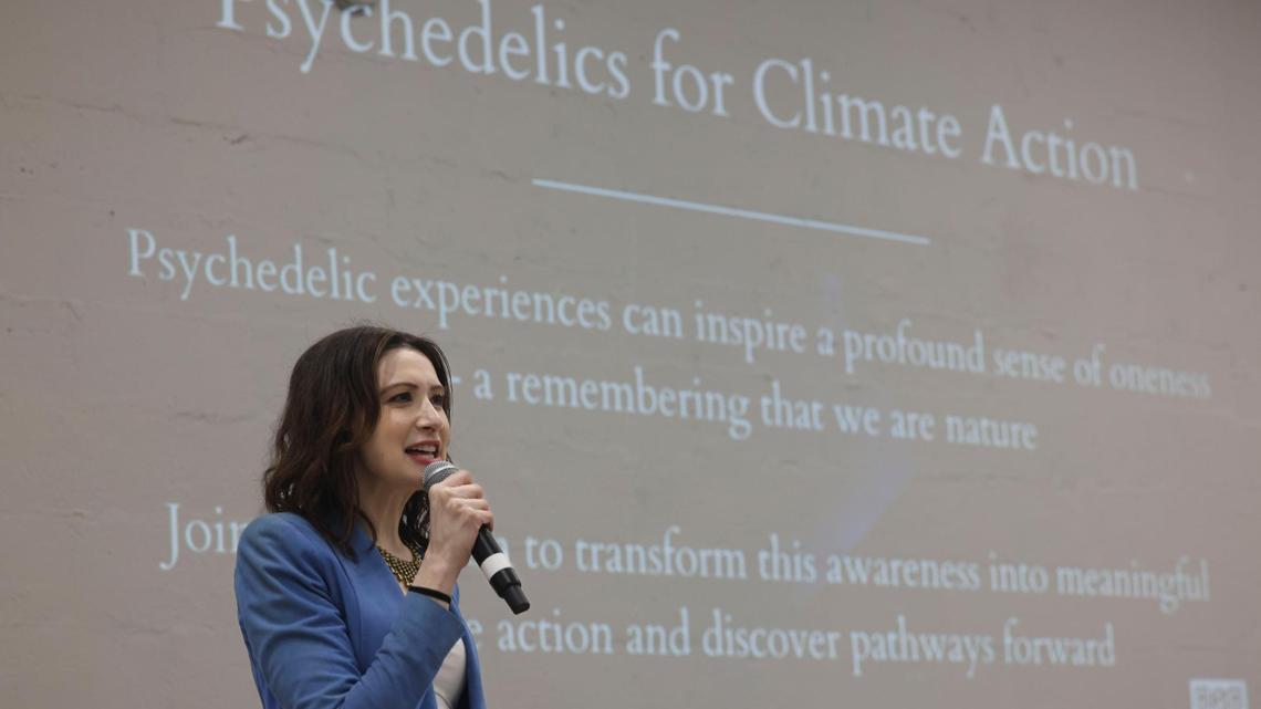 Marissa Feinberg, PSYCA founder, speaks during the Psychedelics for Climate Action (PSYCA) launch event on Wednesday, Feb. 19, 2025, at Future of Cities Climate and Innovation HUB in Little Haiti, Miami.