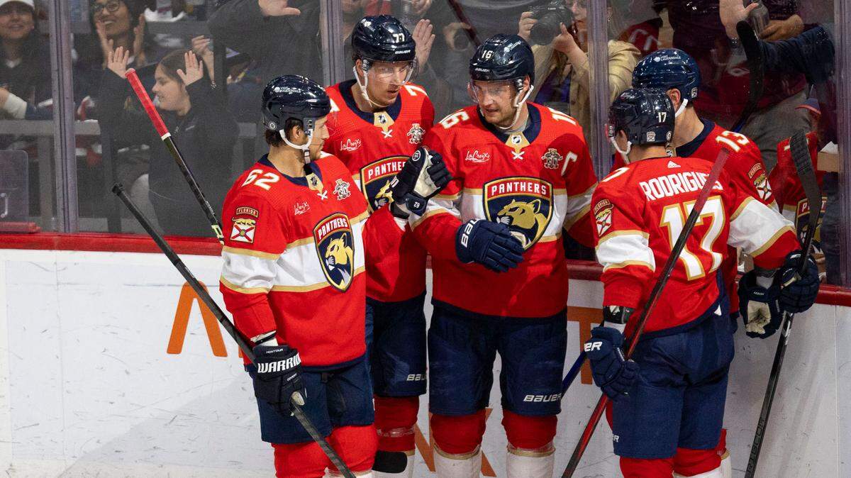 Florida Panthers center Aleksander Barkov (16) and his teammates celebrate his goal during the second period of a game on Thursday, March 28, 2024, at Amerant Bank Arena in Sunrise, Fla.