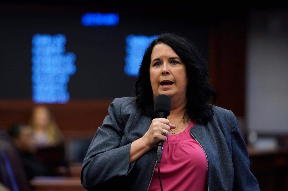 Florida Sen. Kelli Stargel speaks for a bill during a legislative session at the Florida State Capitol, Thursday, March 10, 2022, in Tallahassee, Fla.