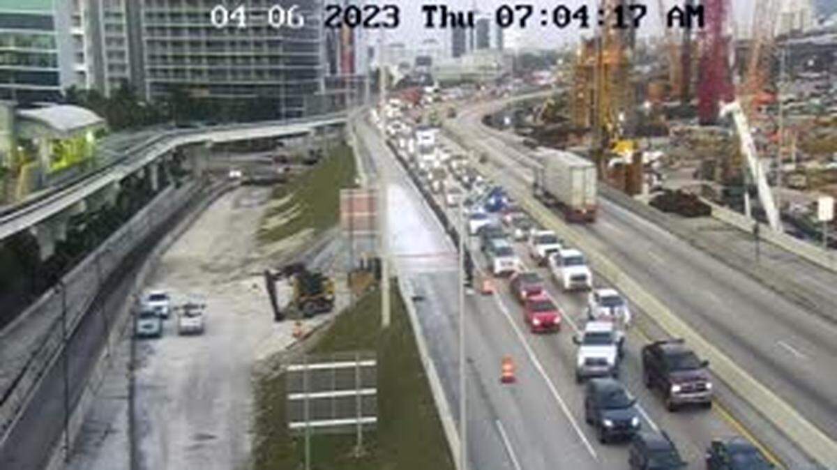 The traffic backup onto Interstate 395 from Thursday morning’s crash on the eastbound side of the MacArthur Causeway.