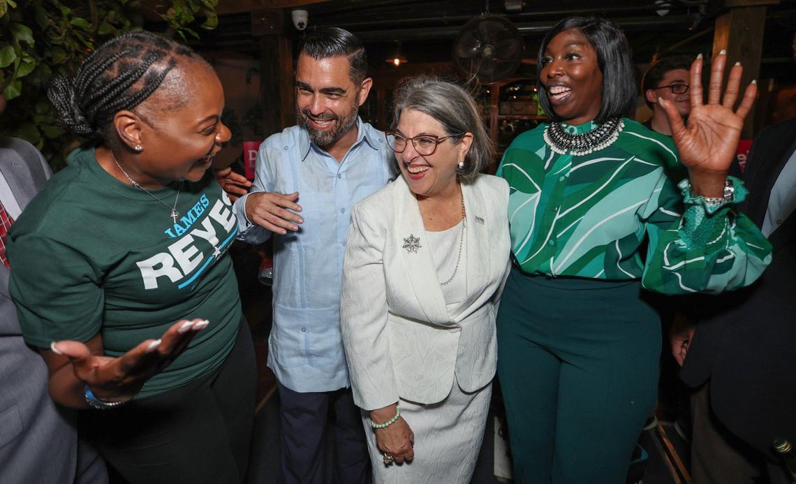 Candidate for Miami-Dade Sheriff James Reyes and Mayor Levine Cava with supporters at the election night watch party at Ball and Chain Ball in Little Havana, Miami, Florida on Tuesday, August 20, 2024.