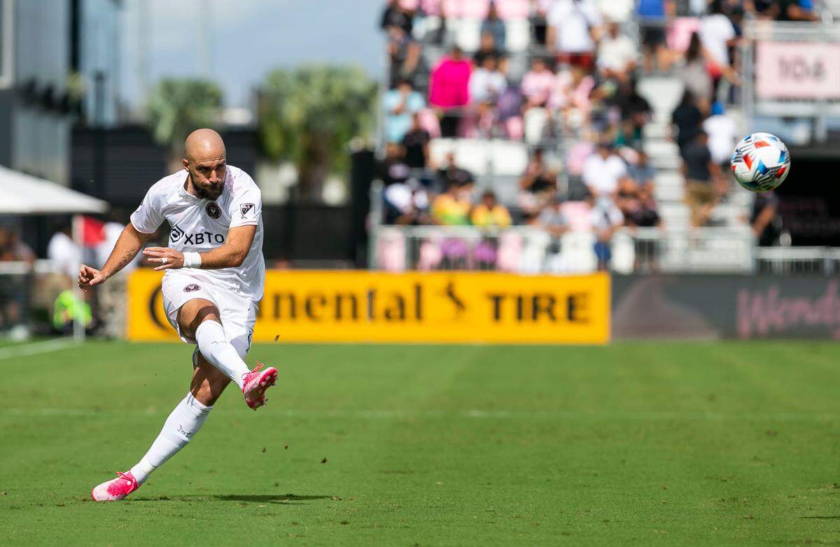 Inter Miami forward Gonzalo Higuain (9) attempts a free kick against New York City FC during the first half of their MLS soccer match at DRV PNK Stadium on Saturday, October 30, 2021, in Fort Lauderdale, Florida.