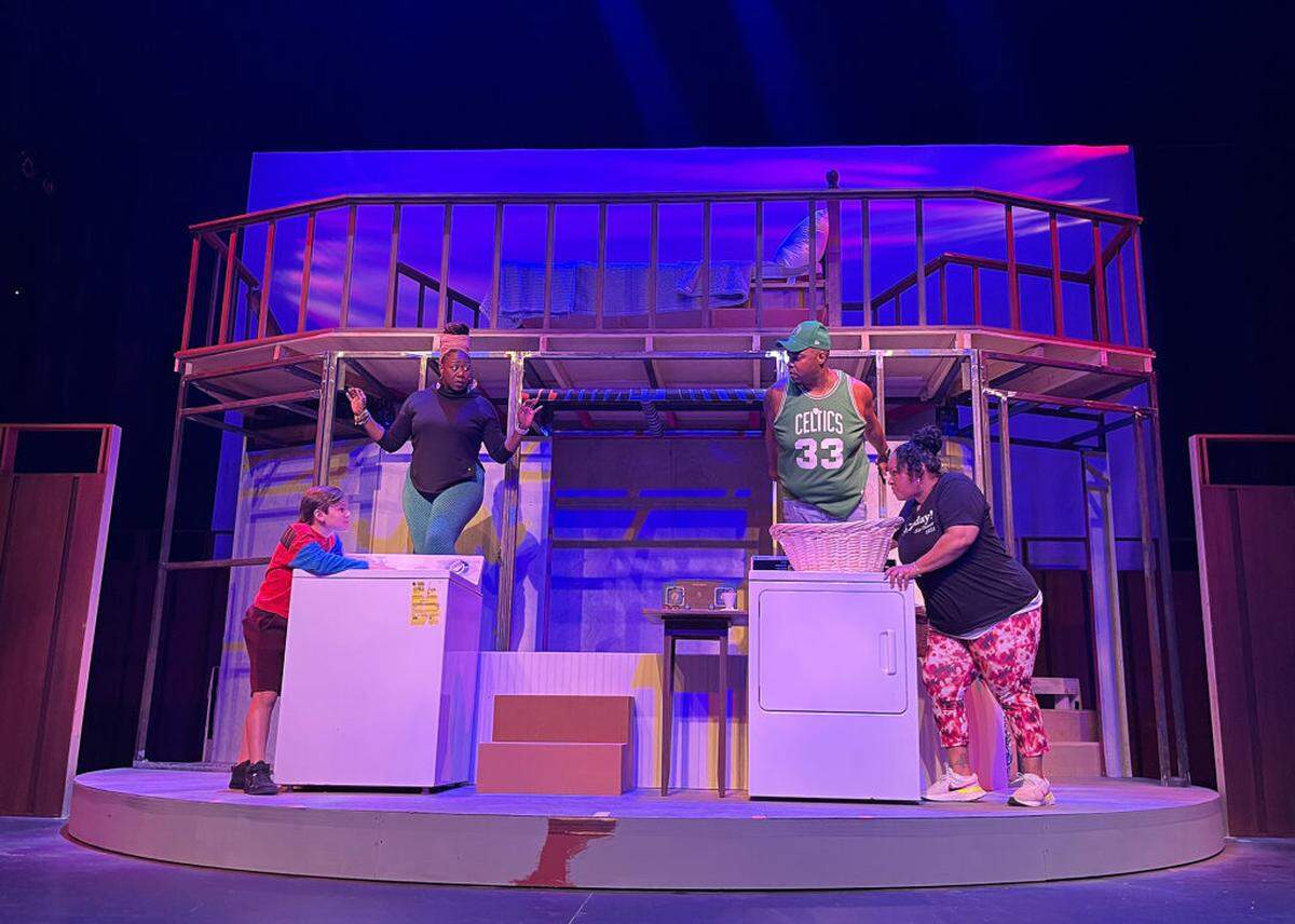 Franco Kiglies (Noah Gellman), Toddra Brunson (Washing Machine), DonSeward (Dryer) and Kareema Khouri (Caroline Thibodeaux) in rehearsalsfor “Caroline, or Change” at Actors’ Playhouse at the Miracle Theatre.