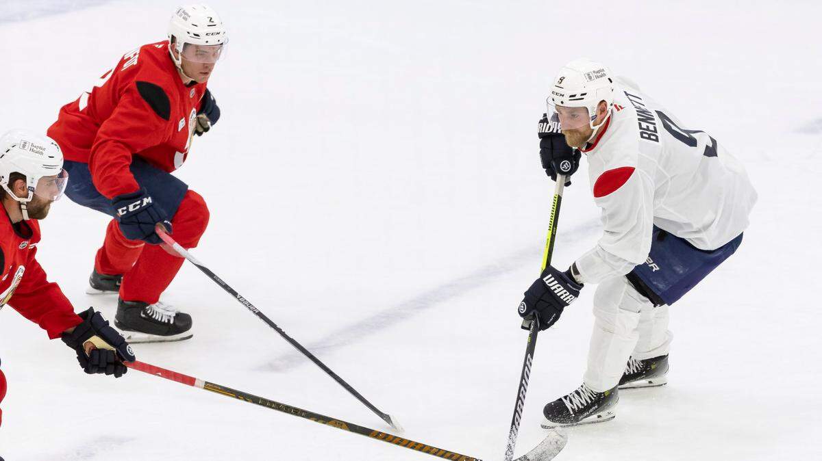Florida Panthers defensemen Aaron Ekblad (5), Tobias Bjornfot (2) and forward Sam Bennett (9) run drills during training camp at the Baptist Health IcePlex on Thursday, Sept. 19, 2024, in Fort Lauderdale, Fla.
