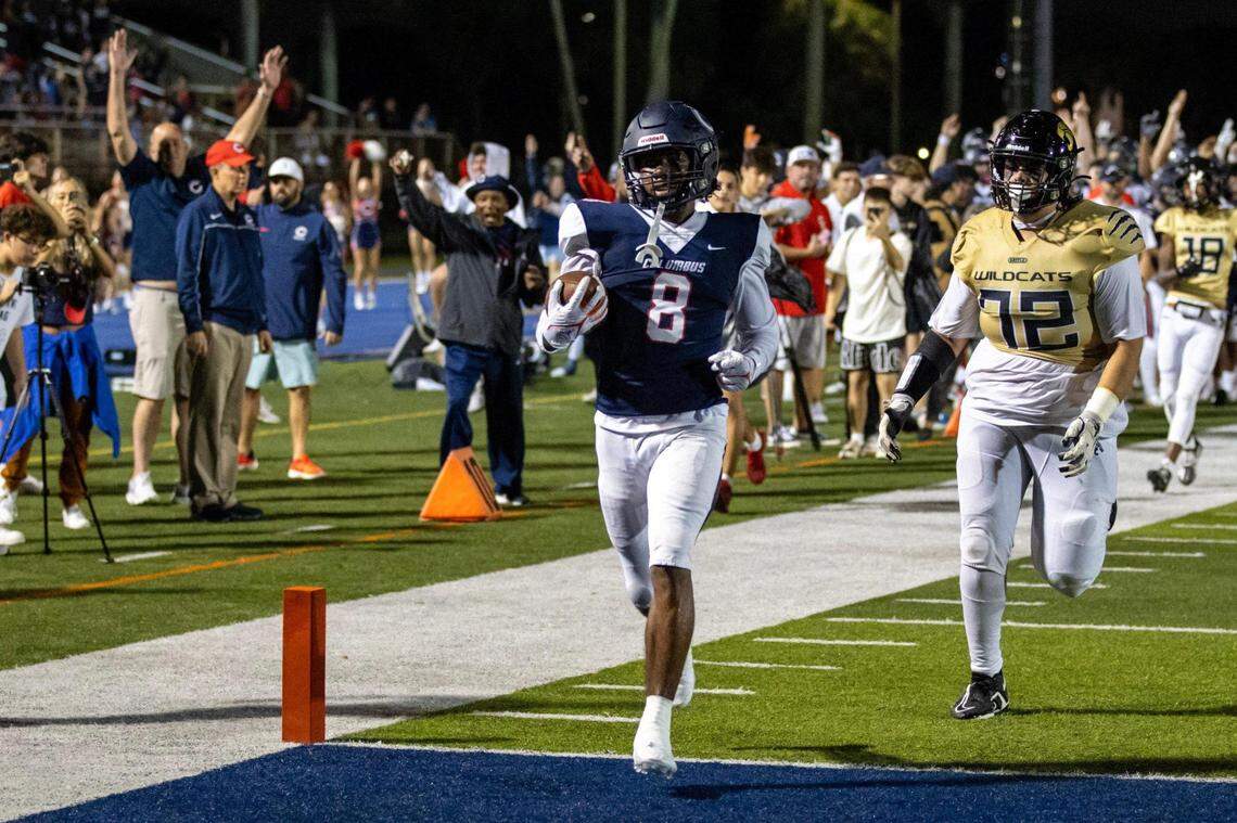 Columbus free safety Bryce Fitzgerald (8) scores on a pick-six during the fourth quarter of the Region 4-4M final against Western at Tropical Park in Miami, Florida, on Friday, November 24, 2023.