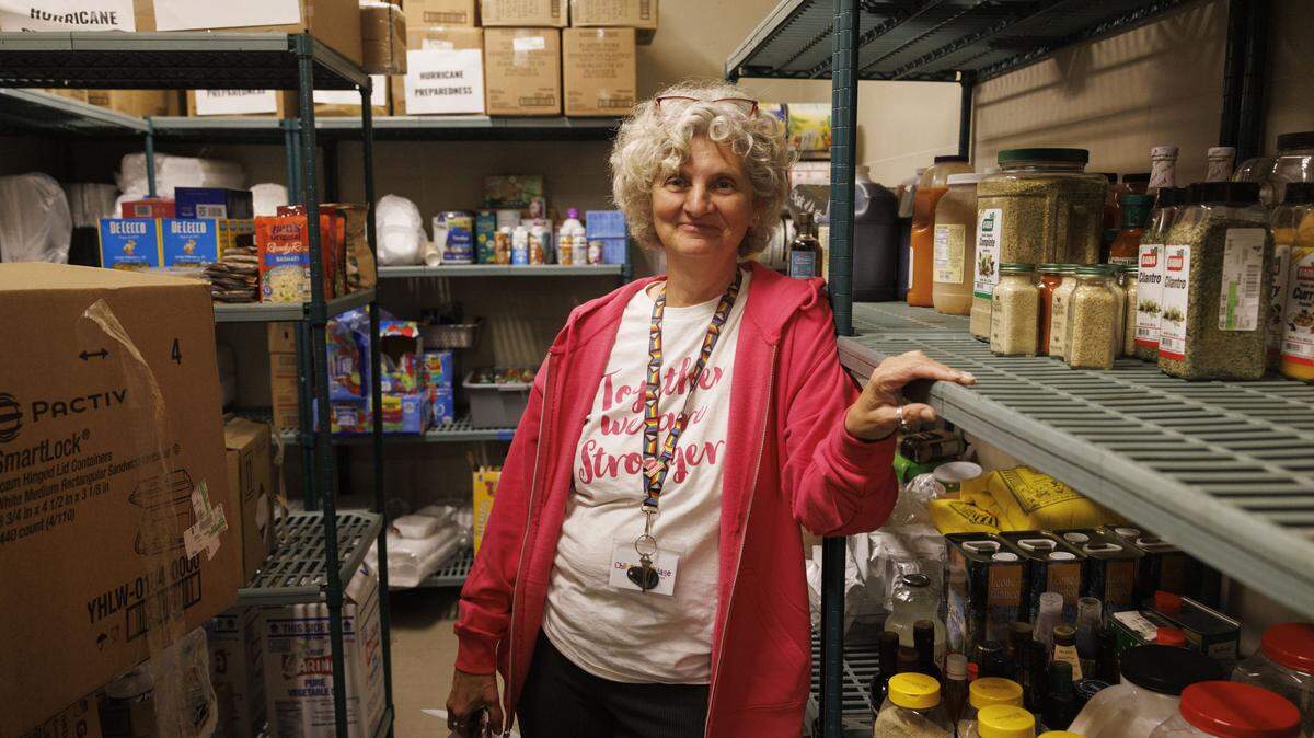 Constance Collins, founder of Lotus House, poses in the donations pantry on Wednesday, Sept. 10, 2025 at Lotus House Women's Shelter in Miami, Fla.