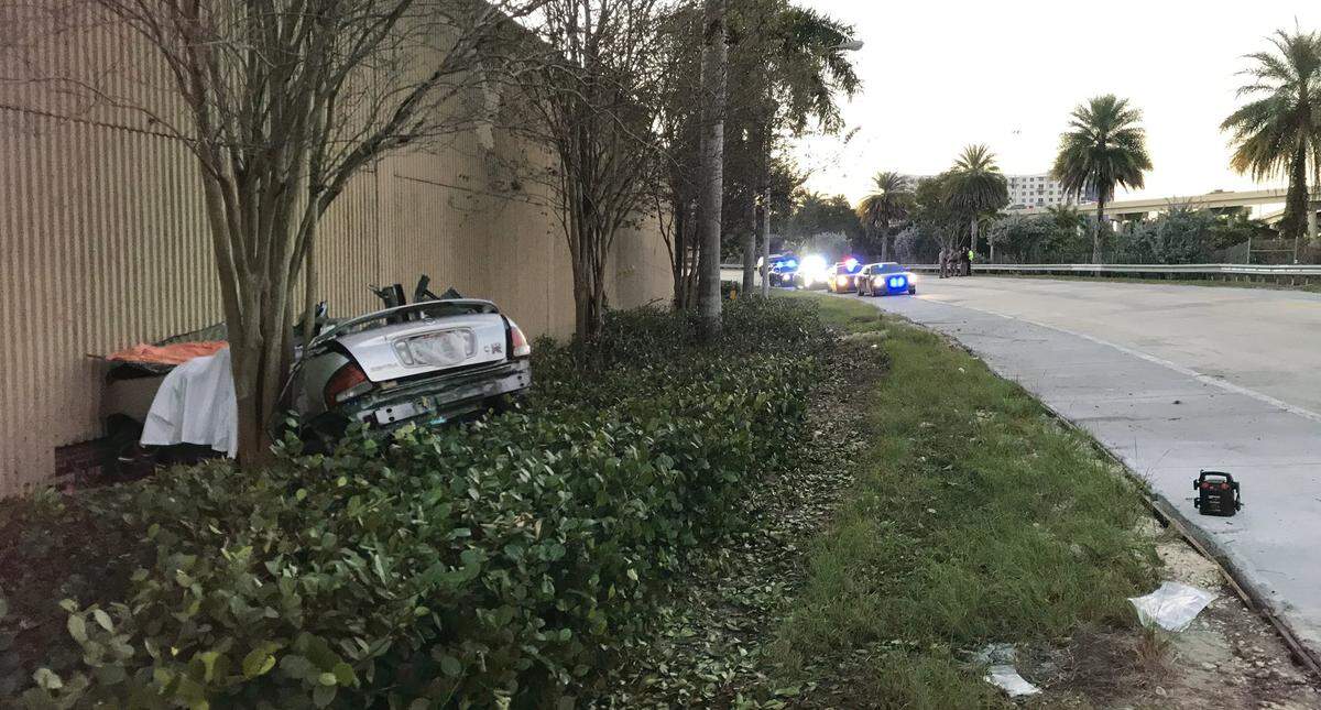 Troopers say the driver lost control while making a right turn on the westbound lanes of the Julia Tuttle Causeway and crashed into a concrete barrier wall early Monday.