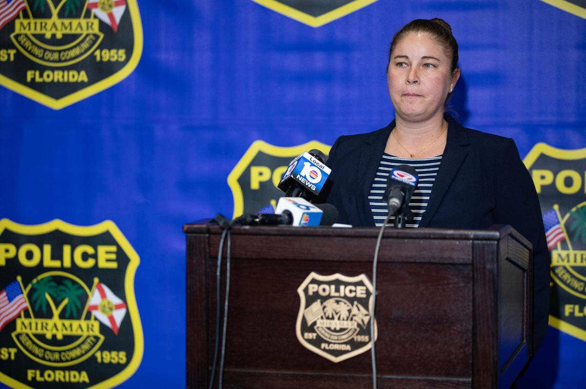 Miramar Det. Susan Smith speaks during a press conference at the Miramar Police Department on Tuesday, Aug. 22, 2023. Police are seeking more information about the March 2022 double murder of Brent Hart and Dumas Cherizol-Amilcar.