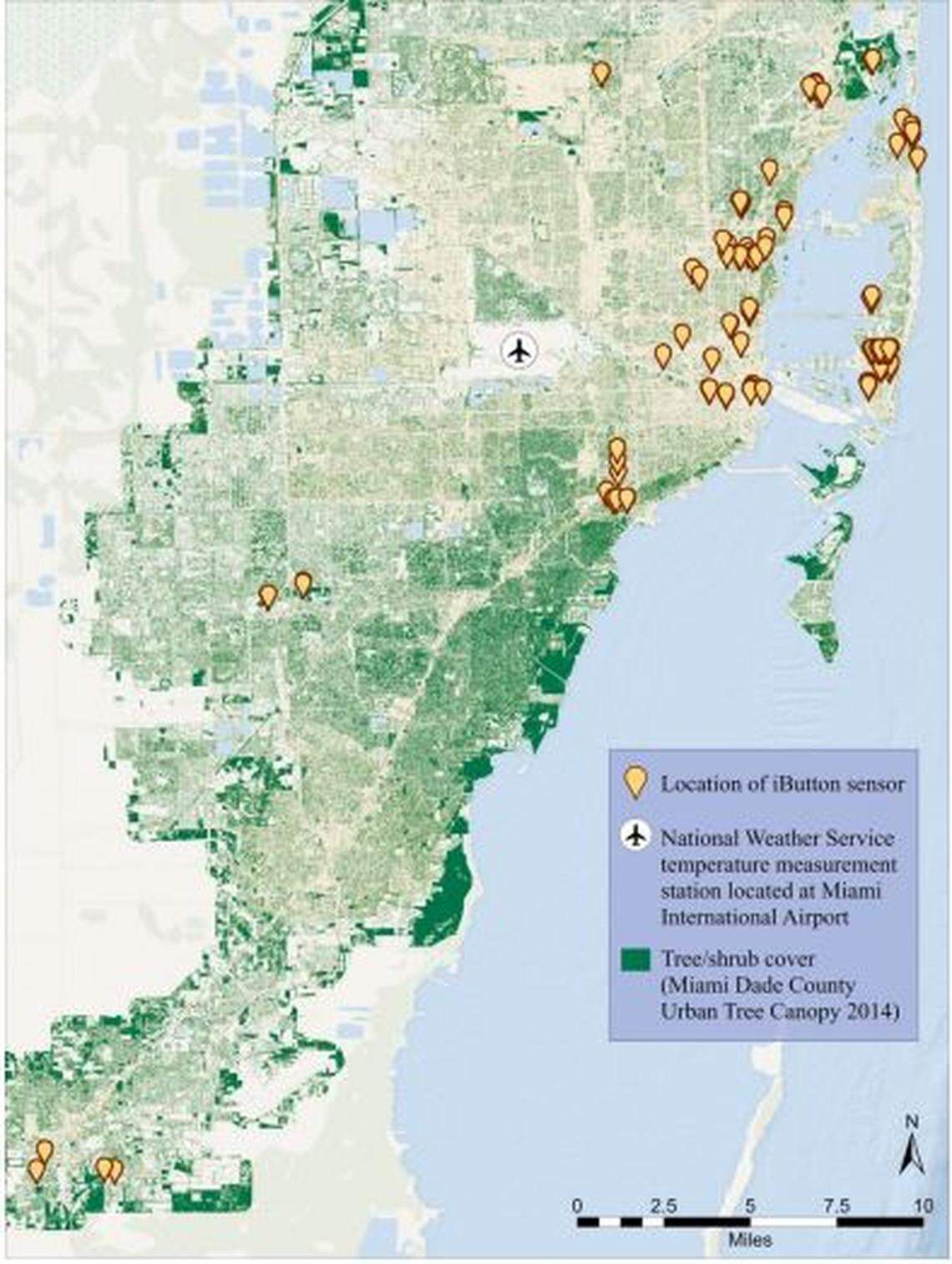 Map of Miami-Dade County showing the locations of the Miami International Airport temperature measurement and the iButton sensors. The tree canopy is overlaid for reference.
