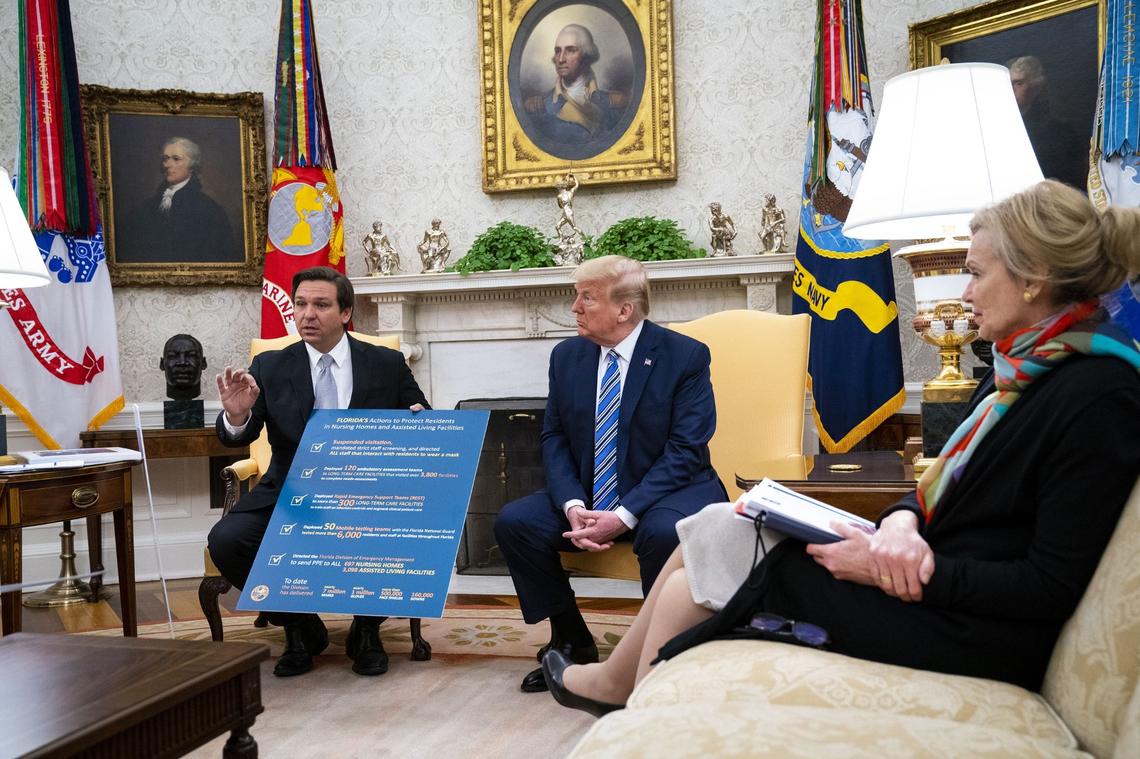 Florida Gov. Ron DeSantis speaks with President Donald Trump in the White House on April 28, 2020.