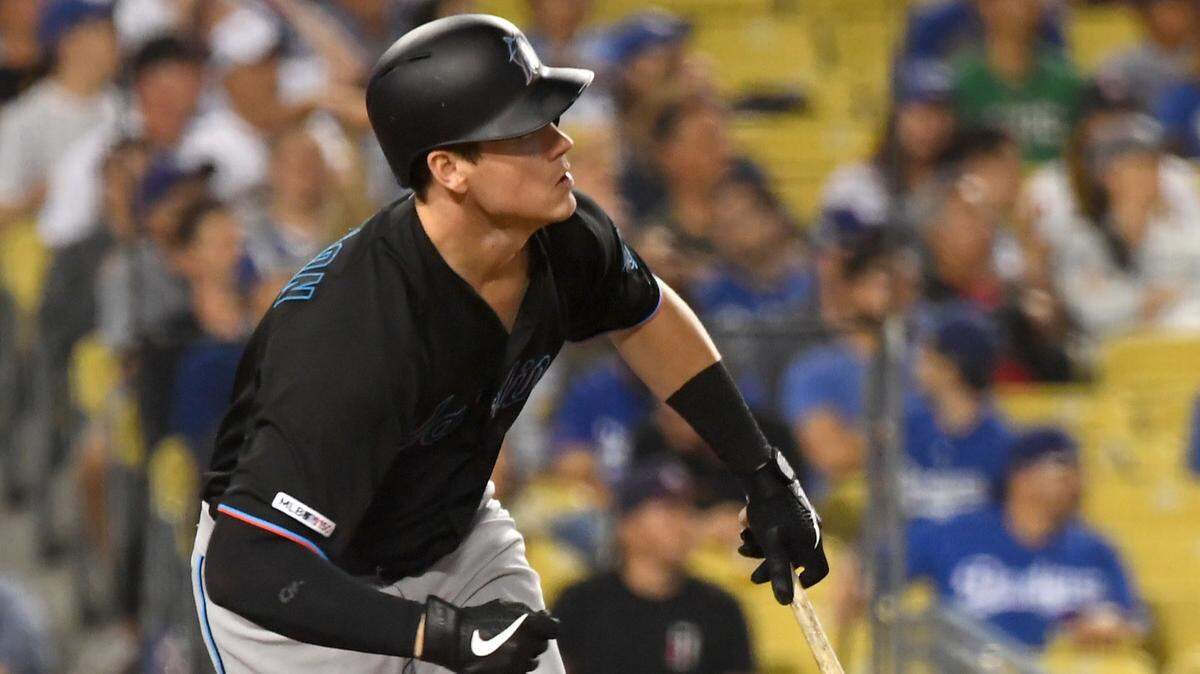 Brian Anderson of the Miami Marlins hits a RBI double in the eighth inning against the Los Angeles Dodgers at Dodger Stadium on Saturday, July 20, 2019.
