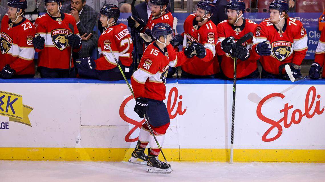 Florida Panthers center Anton Lundell (15) celebrates with the bench after scoring against the Colorado Avalanche during the third period of a NHL game at the FLA Live Arena on Thursday, October 21, 2021 in Sunrise, Fl.