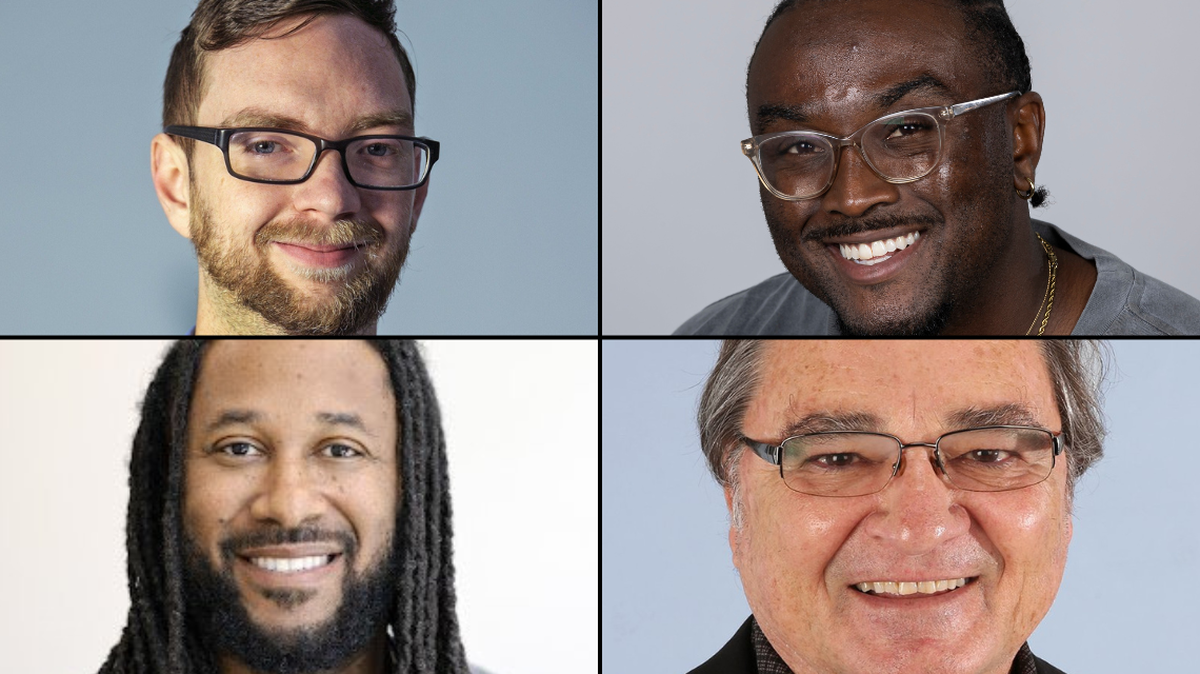 Miami Herald sports writers Jordan McPherson (clockwise from top left), C. Isaiah Smalls II and columnists Greg Cote and Omar Kelly.