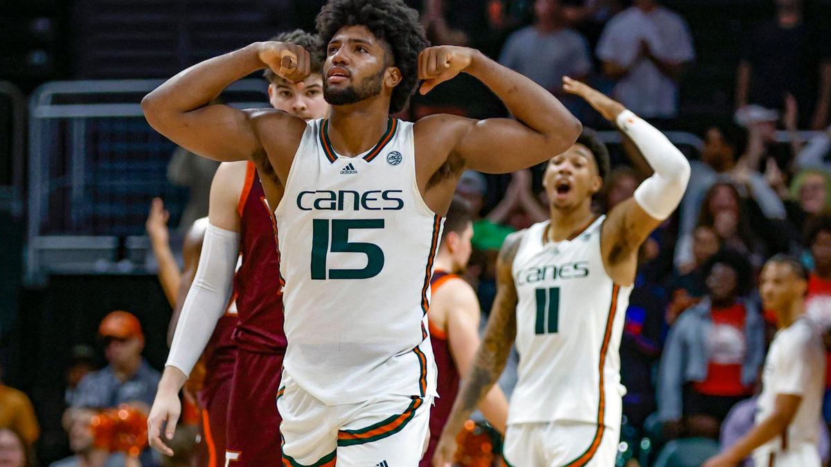 Miami Hurricanes forward Norchad Omier (15) and guard Jordan Miller (11) celebrate as the Hurricanes hold the lead late in the second half against Virginia Tech Hokies at Watsco Center on Jan. 31, 2023. They play again in Blacksburg on Feb. 21, 2023.