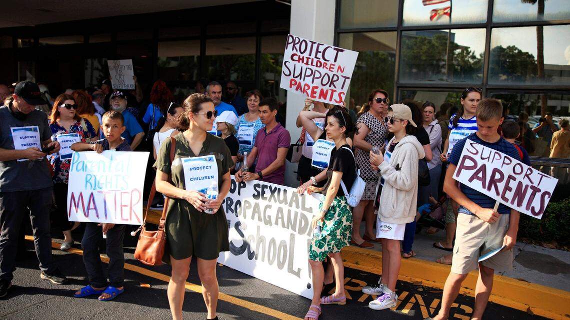 Demonstrators gathered on May 3, 2022, at the Duval County Public Schools building to support or protest Florida’s Parental Rights in Education bill.