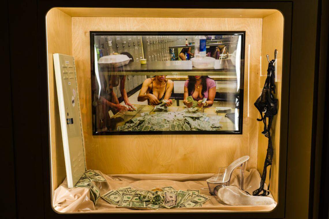An installation focusing on strip club culture in the exhibition “F*ck Art” at the Museum of Sex.