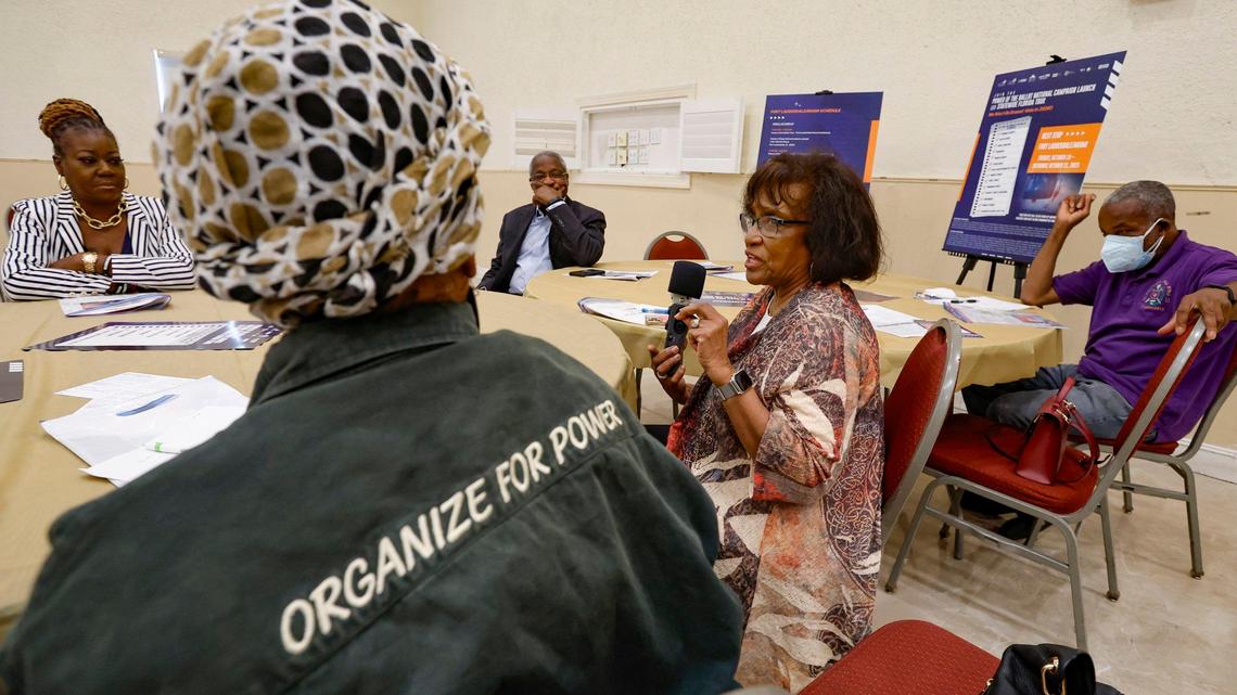 Dr. Cynthia M. Clarke, speaks during a round table discussion as part of a National and Statewide effort to mobilize millions of Black voters against the attacks on affirmative action, public education, Black History, and voting rights in Florida. The event was held at Florida Memorial University, Omega Activity Center in Opa-Locka, Florida on Friday, October 20, 2023.