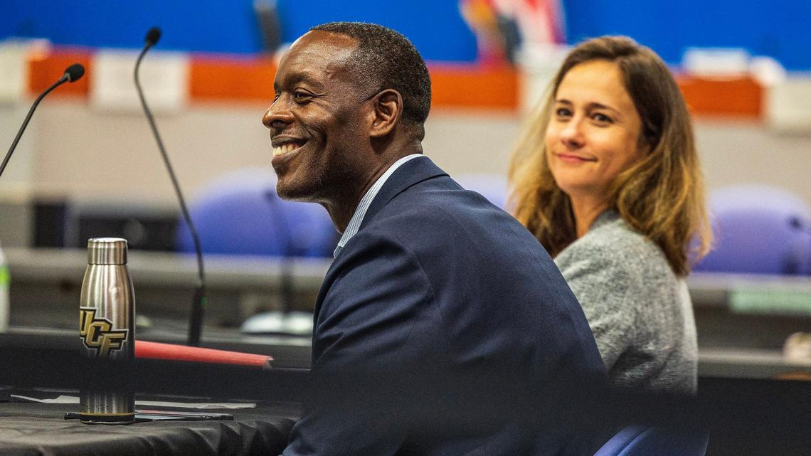 Howard Hepburn, the new superintendent of the Broward County Public Schools and his lawyer Carmen Manrara Cartaya, react during a meeting to negotiate his new contract with the school board general counsel Marilyn Batista and the board Chair Lori Alhadeff, at the school board offices, on Friday April 26, 2024.