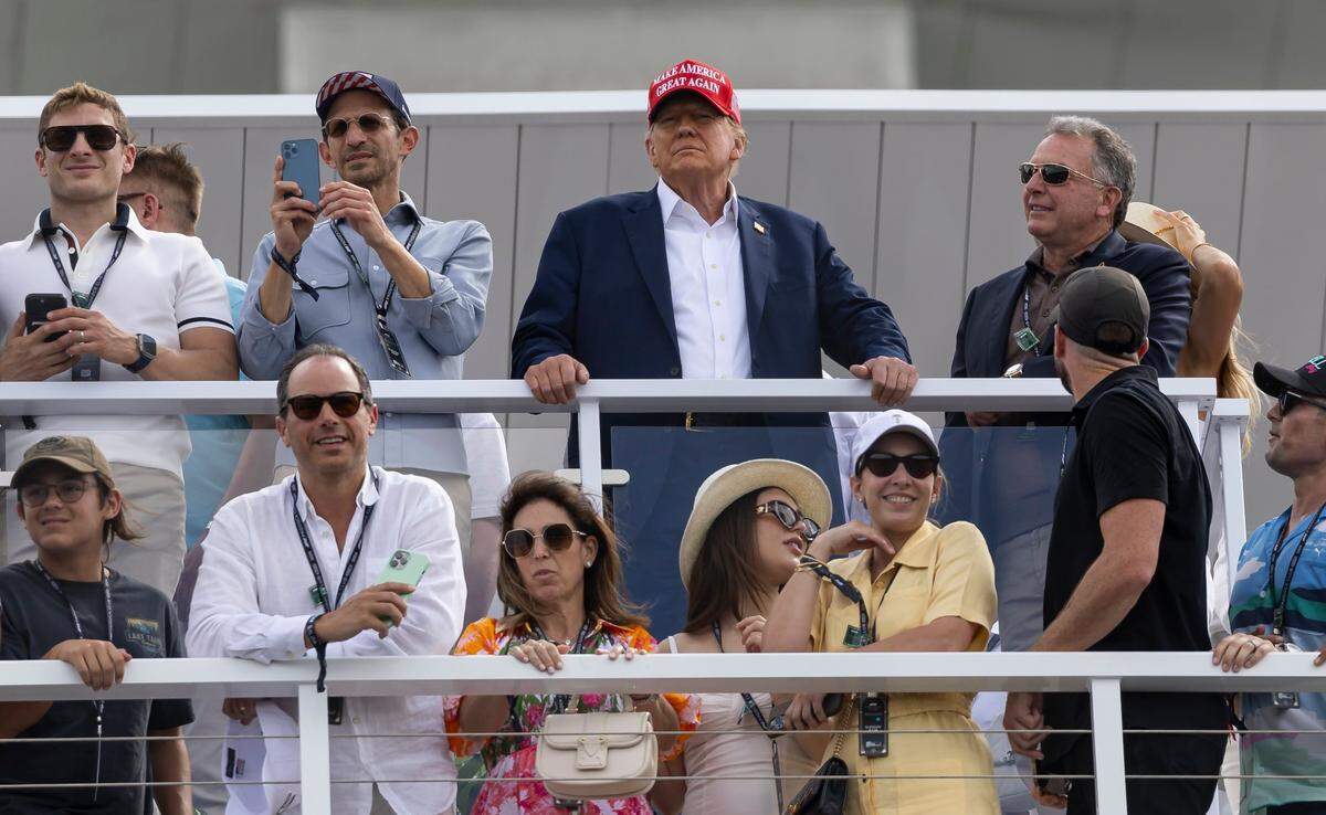 Former President Donald Trump looks on as drivers compete in the Formula One Miami Grand Prix at the Miami International Autodrome on Sunday, May 5, 2024, in Miami Gardens, Fla.
