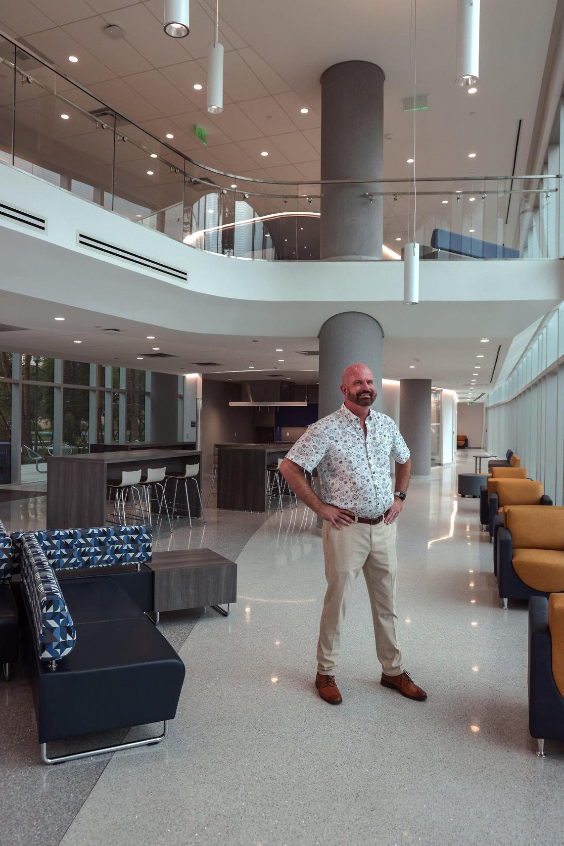 Andrew Naylor, FIU’s senior director of housing and residential life, stands in the new lobby of Tamiami Hall. On Monday, July 25, 2022, a tour was given of Tamiami Hall, a new residential building on the FIU Tamiami campus in Miami, Florida.