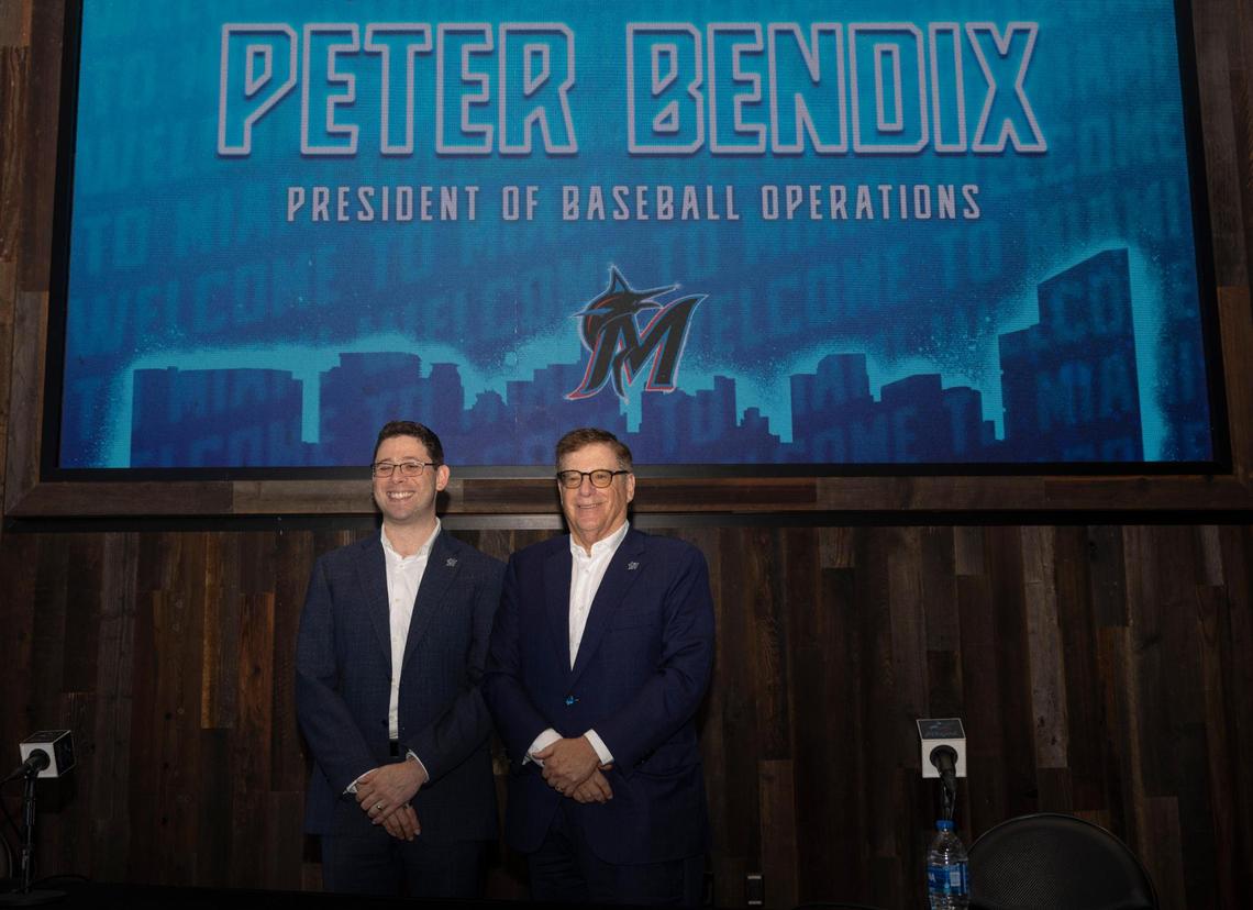 Miami Marlins new President of Baseball Operations, Peter Bendix, left, poses with Bruce Sherman, chairman and principal owner, during the Miami Marlins introductory press conference on Monday, Nov. 13, 2023, at loanDepot Park in Miami, Fla.