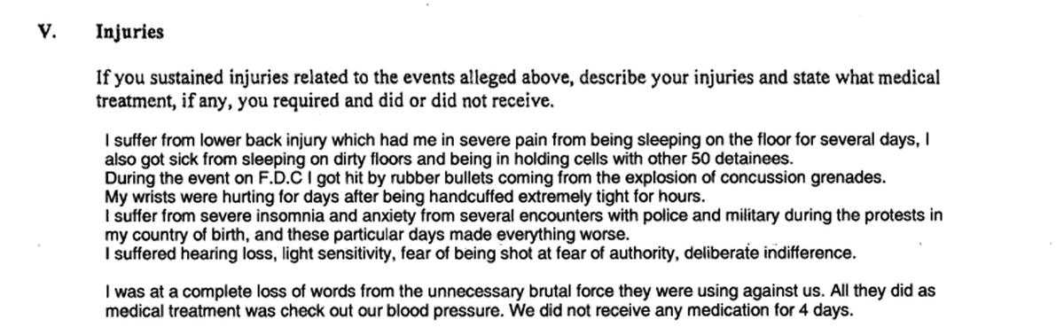 A snippet from a lawsuit filed in May 20, where detainees describe how guards pelted them with flash grenades.
