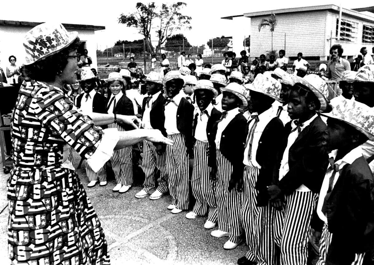 Kids dressed up in Uncle Sam costumes from Pine Villas Elementary School prepare for the 1976 Bicentennial show in this file photo from Sept. 18, 1975, in South Miami-Dade’s Goulds neighborhood.