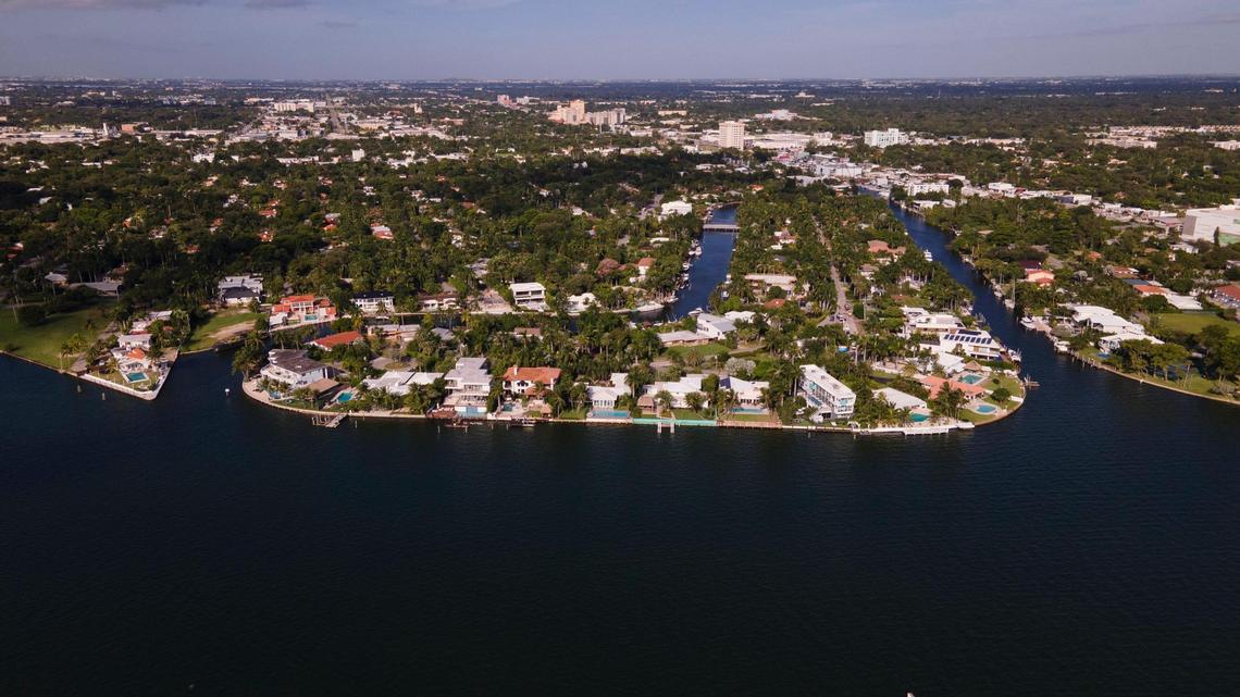 An aerial view looking west from Biscayne Bay of the Little River. The Little River flows east around Belle Meade Island and meets Biscayne Bay. Scientists suspect the polluted outflow of the river has contributed to the decline of Biscayne Bay.
