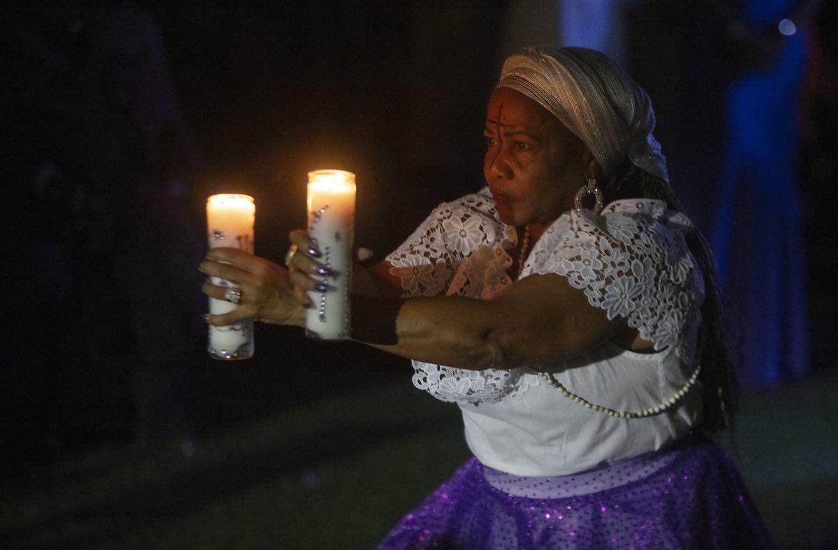 Nancy St. Léger performs in honor of the ancestors during Fet Gede, Haiti's Day of the Dead celebration, at The Vegan Marie in Little Haiti on Nov. 8, 2025. The annual event celebrates love, music and community.