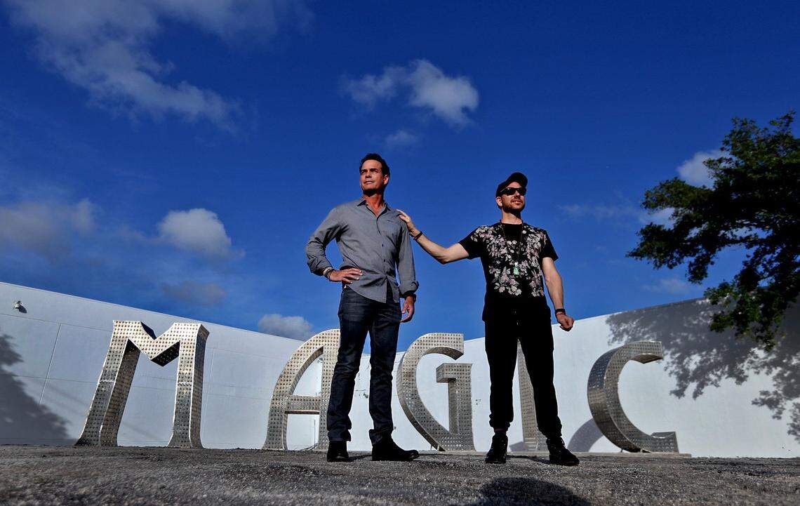 Robert Zangrillo and Tony Cho stand at their Magic City Sculpture Garden in November 2016 while announcing their new project in Little Haiti.