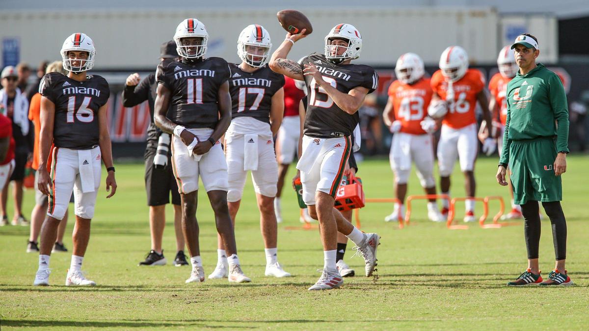 Miami Hurricanes quarterback Jake Garcia throws during practice drills at the University of Miami’s Greentree Practice Field in Coral Gables on Thursday, April 7, 2022.