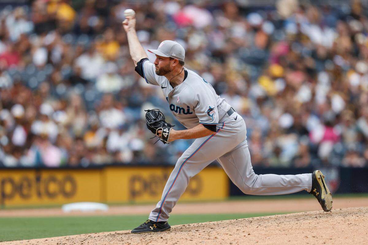 Miami Marlins starting pitcher Cole Sulser delivers against the San Diego Padres during the ninth inning of a baseball game Sunday, May 8, 2022, in San Diego. (AP Photo/Mike McGinnis)