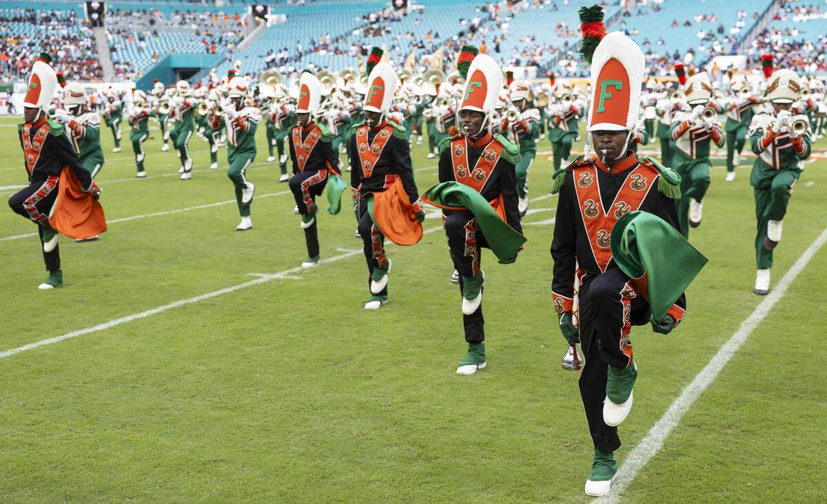 The Marching 100 performs during the halftime of the Orange Blossom Classic football game between Howard Bison and Florida A&M Rattlers at Hard Rock Stadium on Saturday, Aug. 30, 2025, in Miami Gardens, Fla.