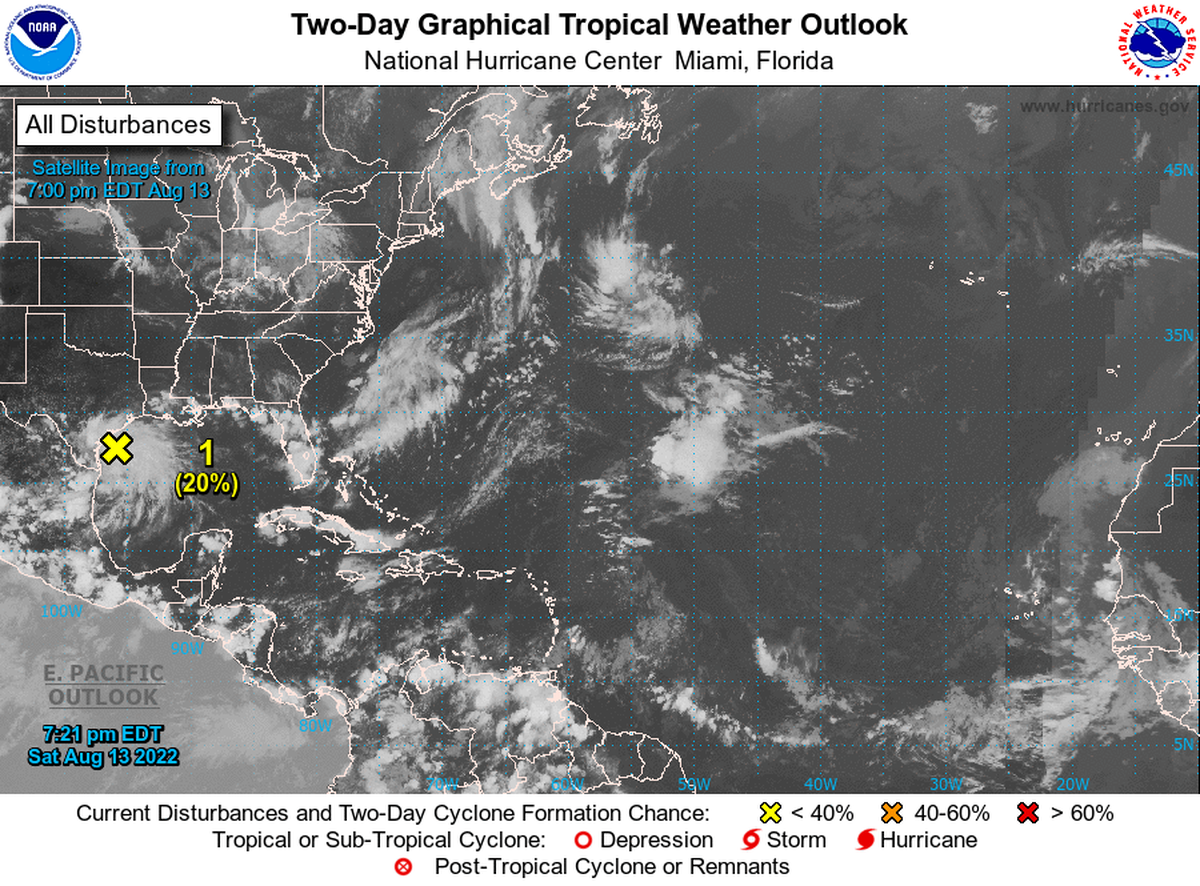 National Hurricane Center’s 8 p.m. Saturday, Aug. 13, 2022, forecast map shows a disturbance near Texas with a 20% chance of development.