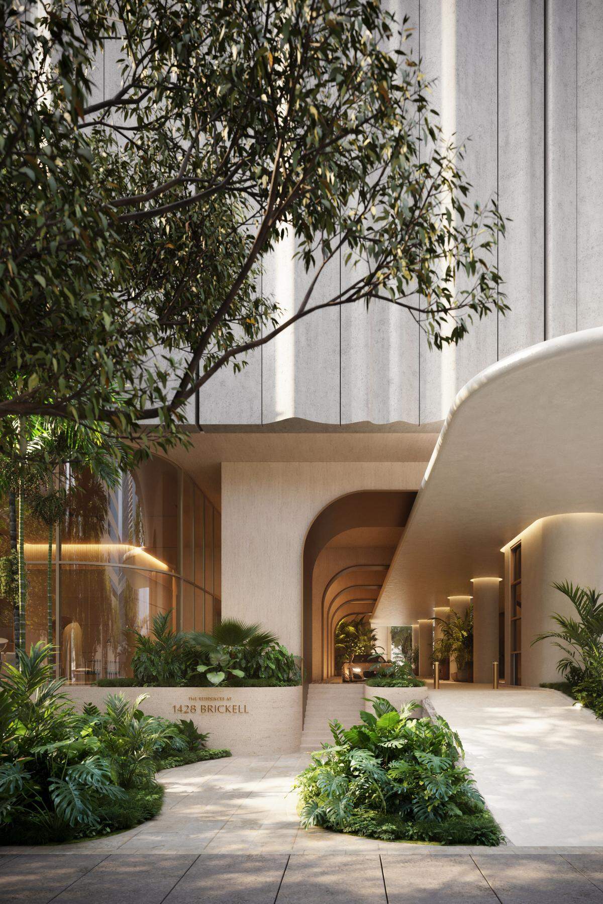 The residential building would have an entire wall made out of photovoltaic glass, which would help save on electricity. This is a rendering of the main entrance of the proposed 1428 Brickell condo tower.