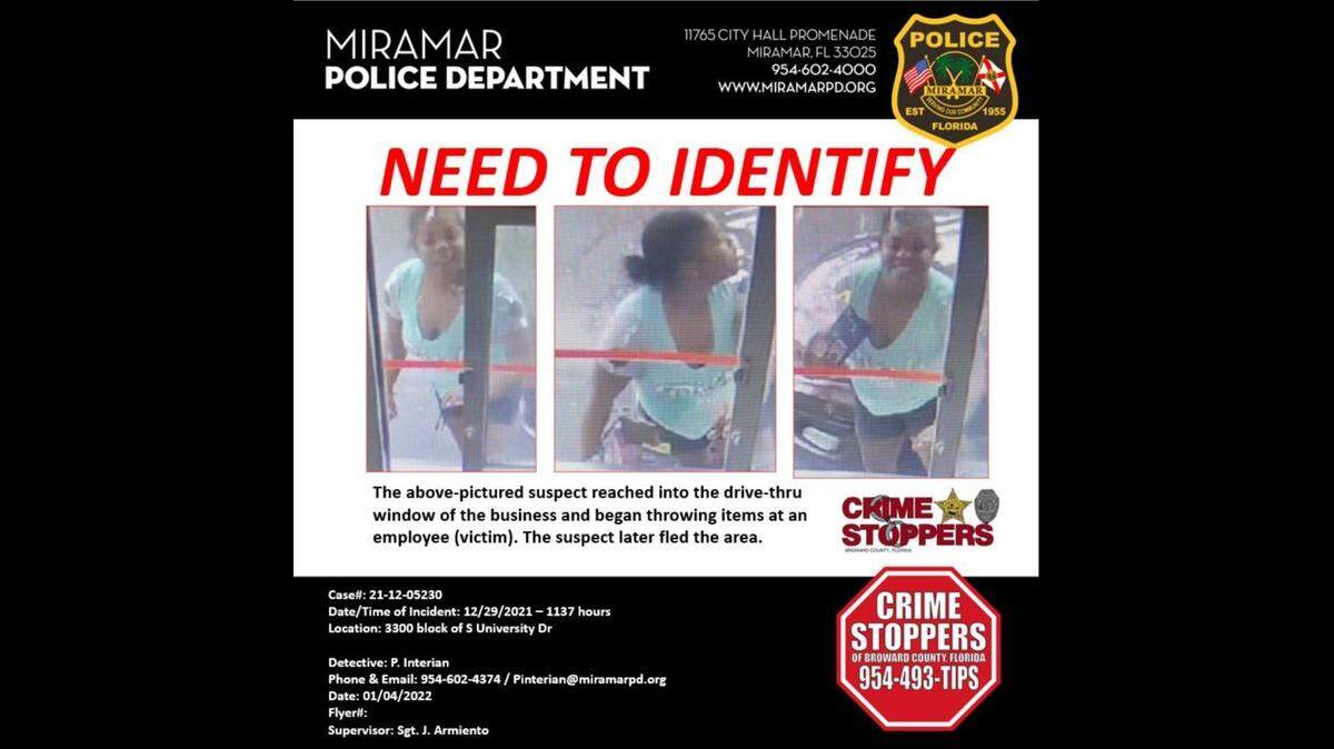 Miramar police are looking for the public’s help to identify a woman who injured a McDonald’s employee over a declined coupon on Dec. 29, 2021.