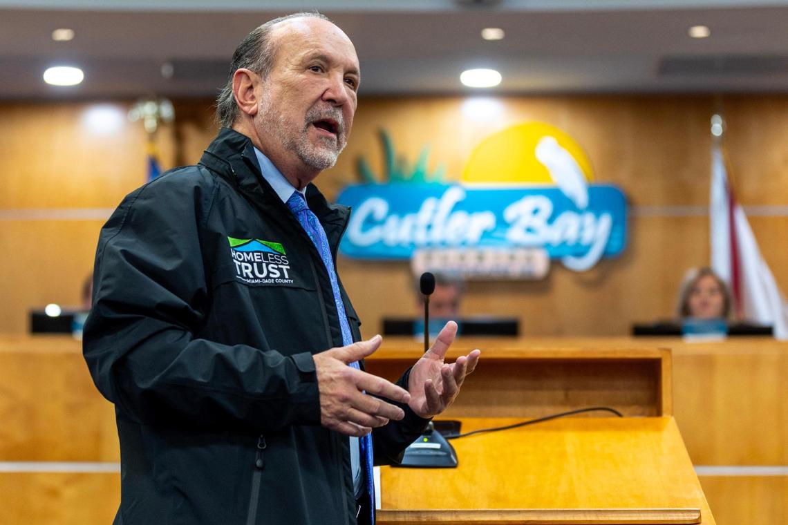 Miami-Dade County Homeless Trust Chairman Ron Book speaks to the Cutler Bay town council about his agency’s plan to convert a La Quinta Inn motel into affordable apartments for the formerly homeless on Nov. 29, 2023.
