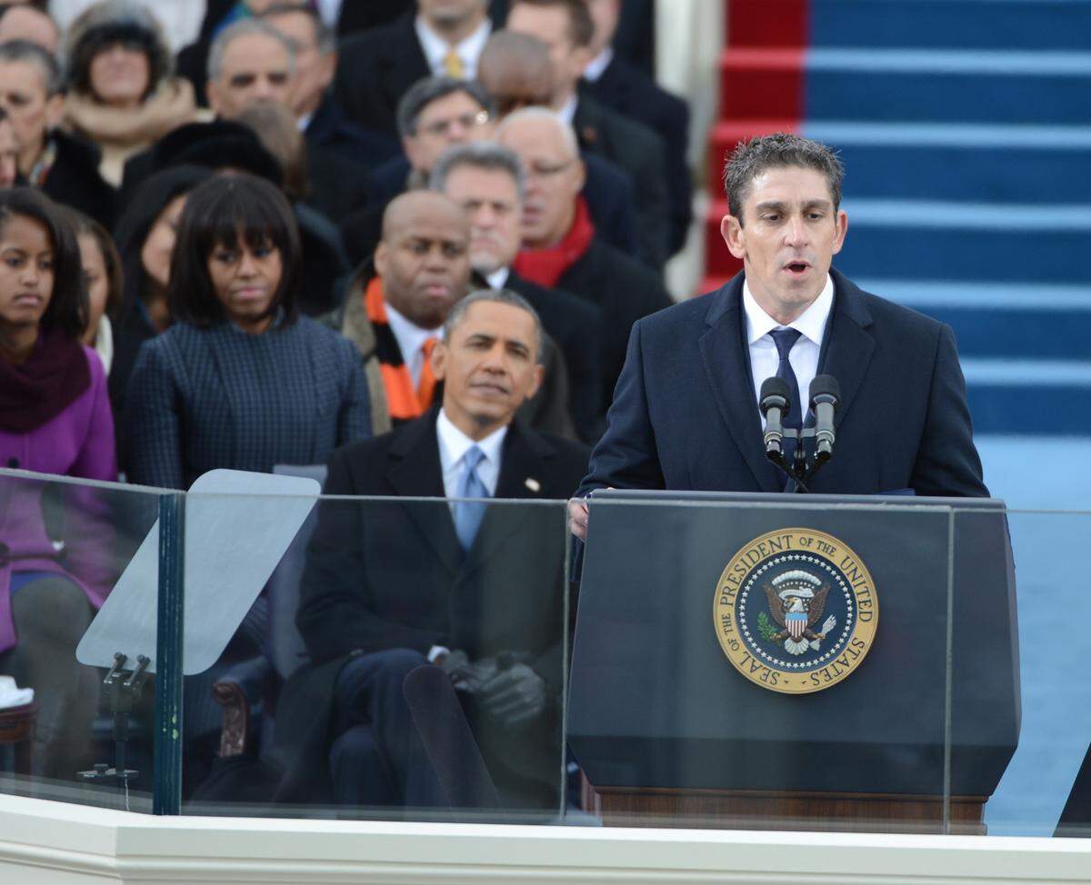 Inaugural Poet Richard Blanco recites his poem ‘One Today’ after U.S. President Barack Obama was sworn in for a second term as the President of the United States by Supreme Court Chief Justice John Roberts during his public inauguration ceremony at the U.S. Capitol Building in Washington, D.C., on January 21, 2013.