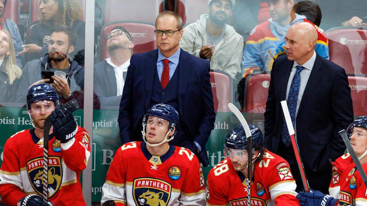 Florida Panthers head coach Paul Maurice looks from the bench during the first period of an NHL game against the New Jersey Devils at FLA Live Arena on Wednesday, December 21, 2022 in Sunrise, Fl.