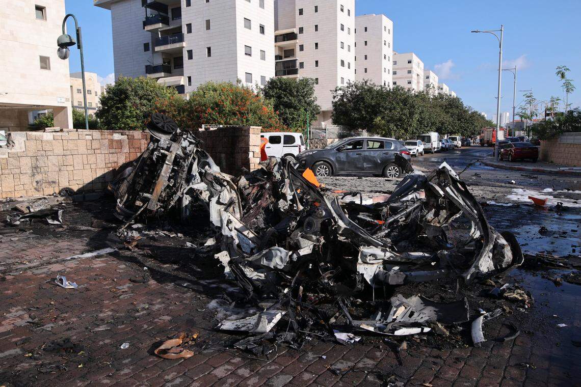 This photo taken on Oct. 7, 2023 shows vehicles damaged by rockets in Ashkelon, southern Israel. Over 40 Israelis have been killed and more than 700 injured in the Islamic Resistance Movement’s (Hamas) offensive that began earlier on Saturday, reported Israeli media citing Magen David Adom from emergency services.
