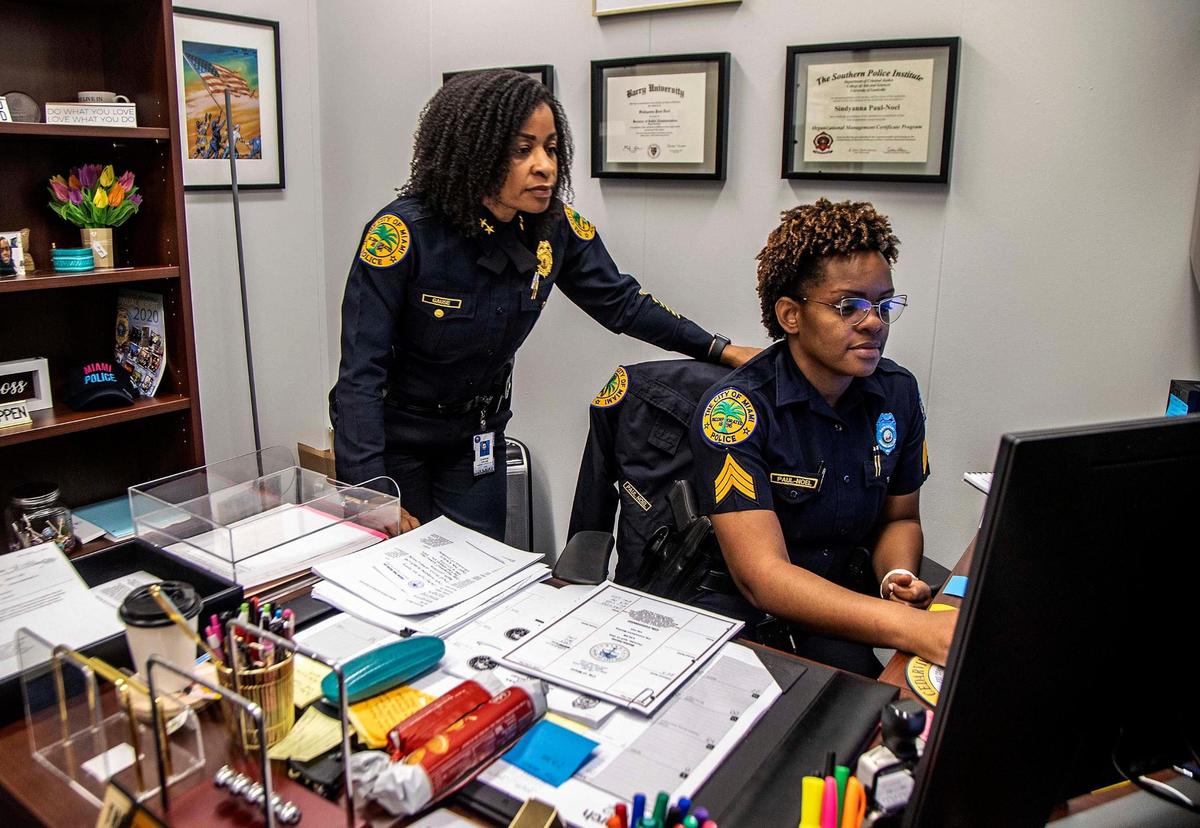 Assistant Miami Police Chief Cherise Gause is one of only two women in the department’s 126-year history to attain that rank. The decorated officer, who’s been with Miami police for almost three decades, has been seeking a chief’s position in other cities the past year. Here, Gause talks with Sgt. Sindy Paul-Noel, at the agency’s downtown headquarters.