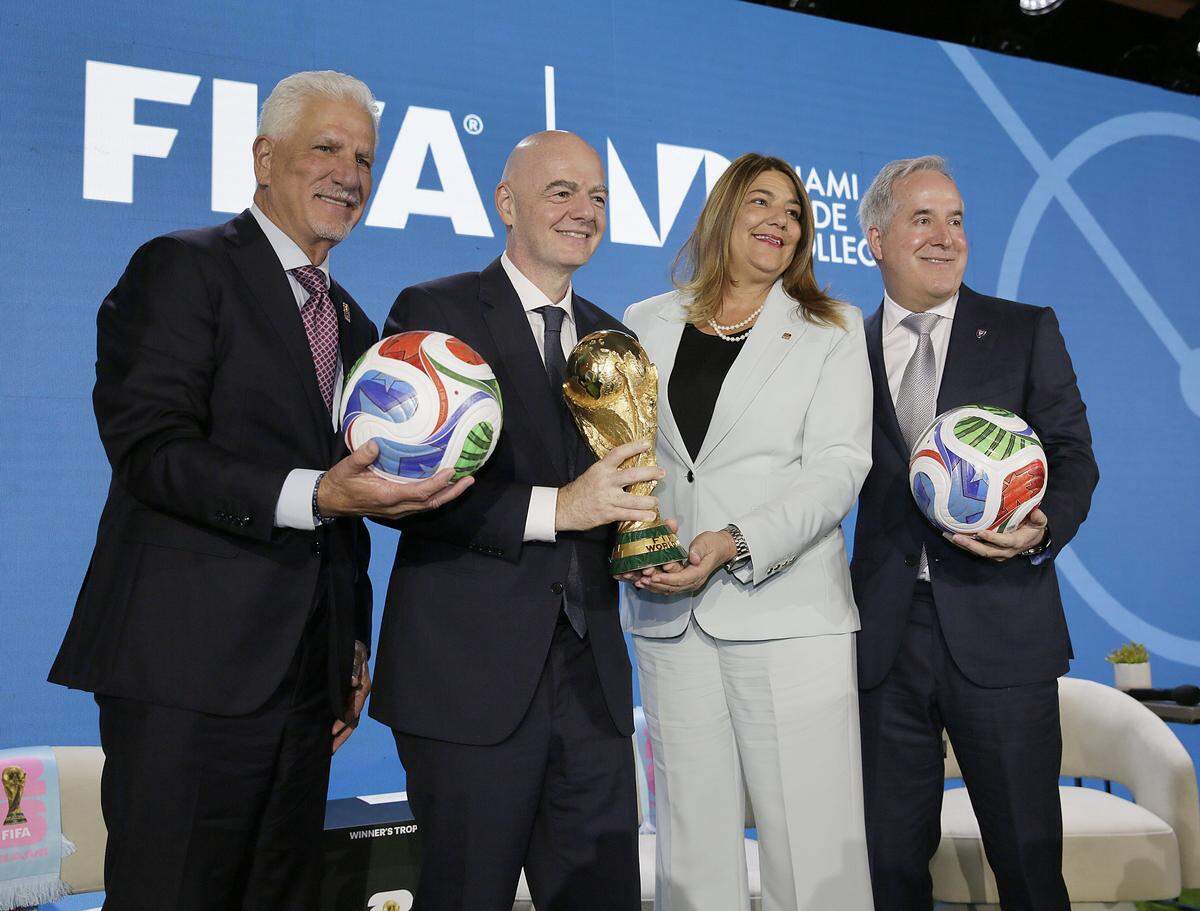 (from the left) Rodney Barreto, Miami World Cup host committee co-chair, Gianni Infantino, FIFA President, Madeline Pumariega, MDC Preident, Jorge Mas, Inter Miami owner pose for the picture during a discussion to celebrate the relationship between FIFA and Miami Dade College and roll roll of soccer in Miami and across United States on Wednesday, February 25, 2026 at Miami Freedom Tower at Miami Dade College in Miami. Andrew Uloza / for Miami Herald