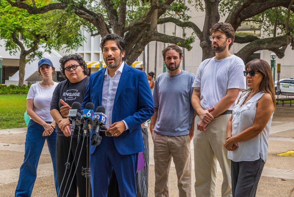 Juan Cuba speaks during a press conference on Friday, June 27, 2025, to denounce the acts of violence against activists and residents that had gathered to speak out against the county’s latest agreement with ICE at the Miami-Dade County Commission Chambers a day before.