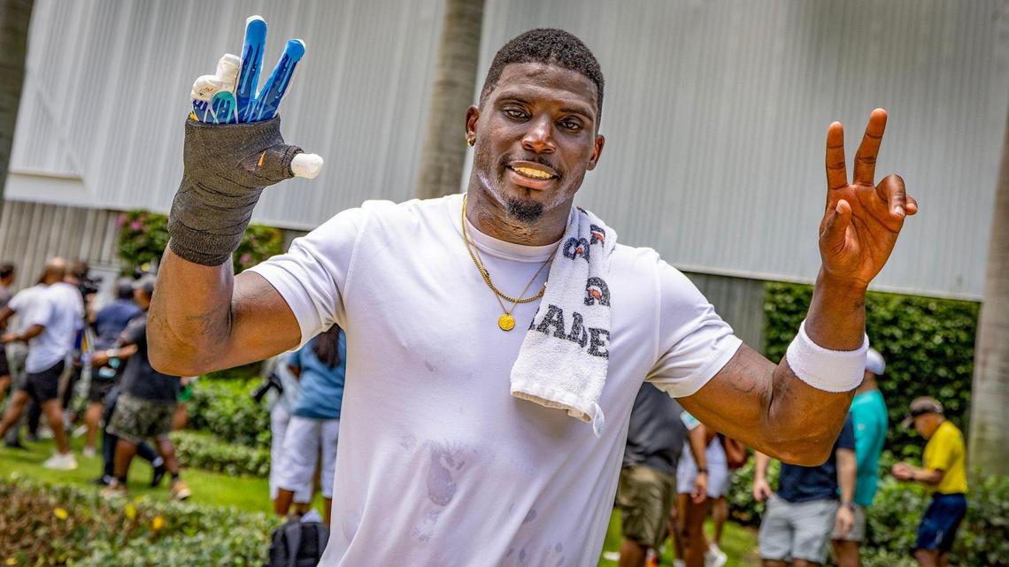Miami Dolphins wide receiver Tyreek Hill (10) exits his presser after OTA’s “Organized Team Activities,” at Baptist Health Training Complex in Miami Gardens, Florida, on Wednesday, May 28, 2025.