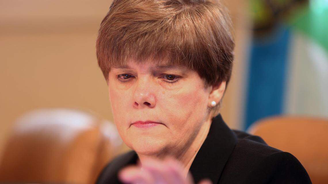City of Coral Gables city manager Cathy Swanson-Rivenbark listens to Coral Gables police chief Ed Hudak speak during the commission meeting on April 24, 2018.