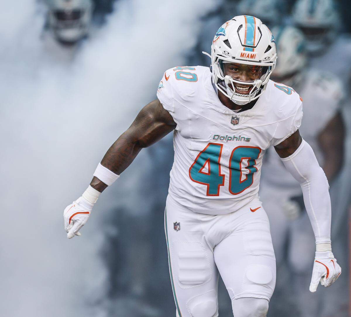 Miami Dolphins linebacker Willie Gay Jr. (40) rushes the field before their NFL football game against the Los Angeles Chargers at Hard Rock Stadium in Miami Gardens, FL, on Sunday, October 12, 2025. 